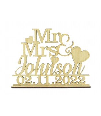 Laser Cut Oak Veneer Personalised 'Mr & Mrs' Wedding Sign on a stand - Mixed Fonts and Heart Design